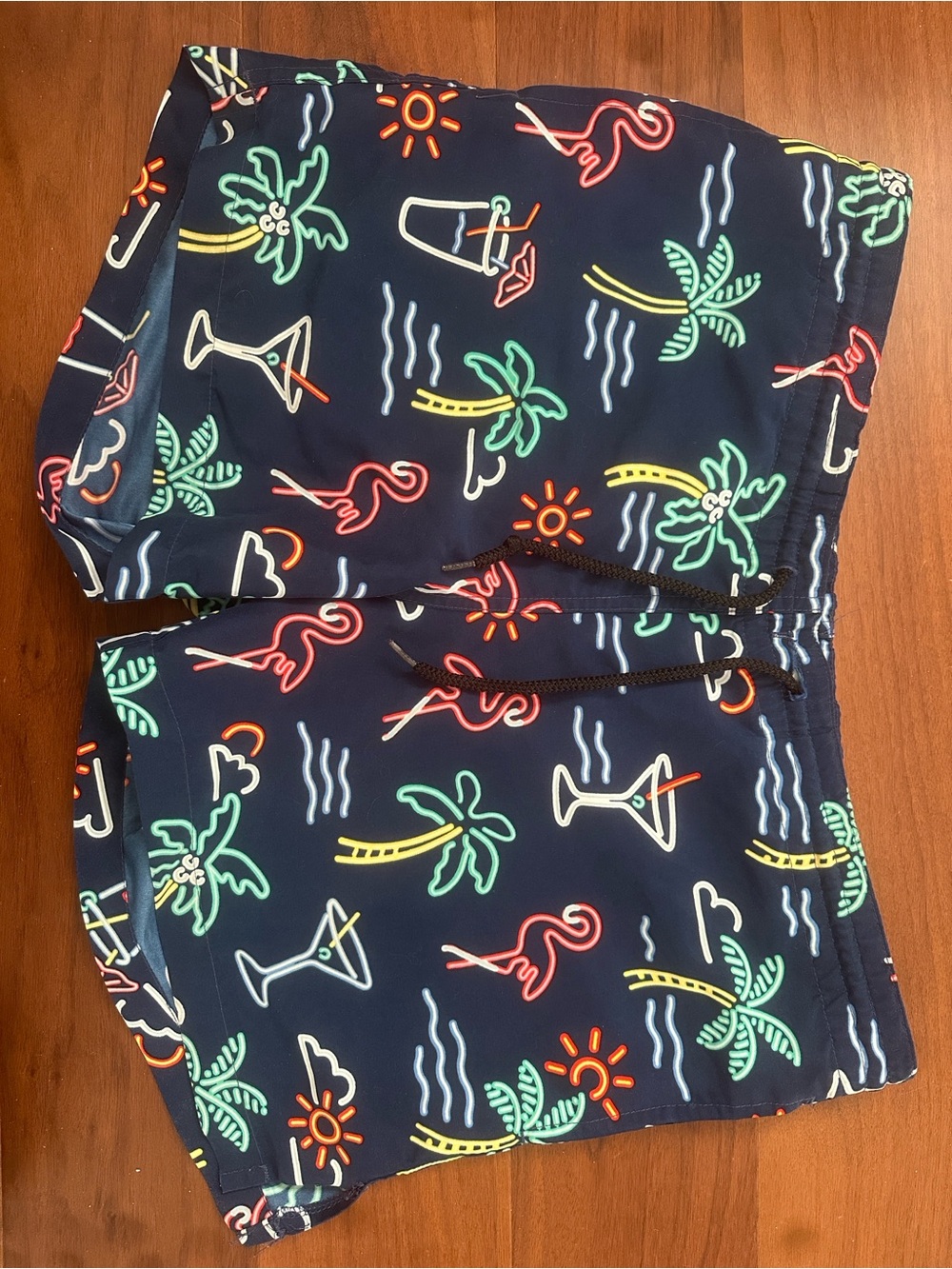 chubbies Navy Swim Trunks with Neon Palm & Flamingo Print